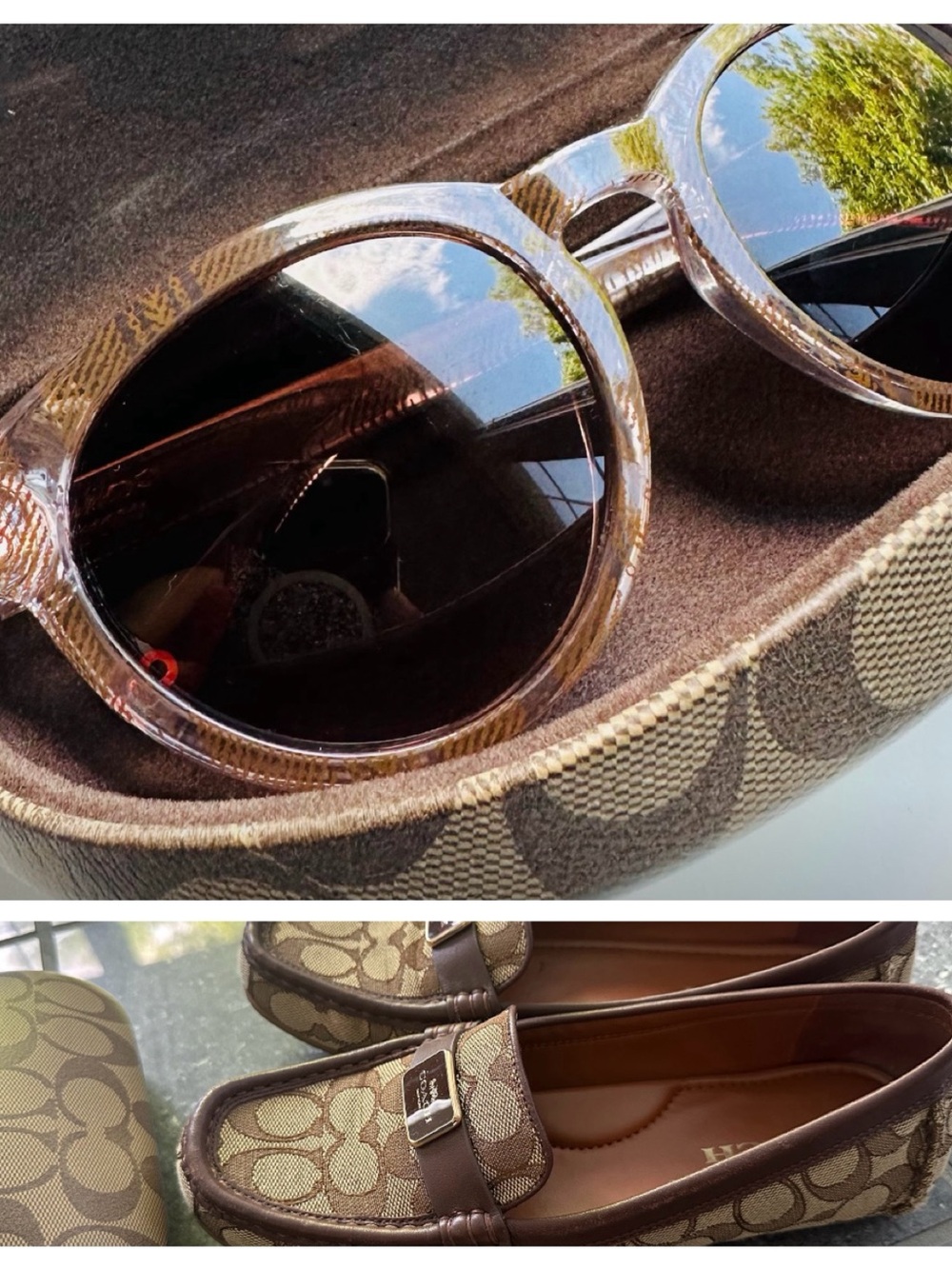 Bundle Coach Translucent Brown Round Sunglasses and Coach loafers